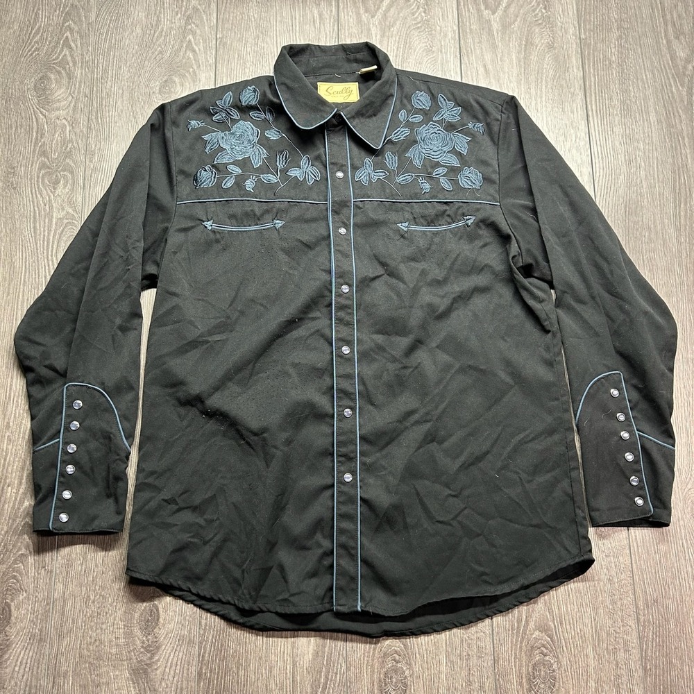Scully Mens Black Western Pearl Snap Shirt Blue Rose Embroidered P-893 Large